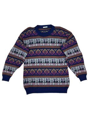 Vintage Alpaca Men's M Sweater Vibrant Geometric Knit Crew Neck Cozy Pullover